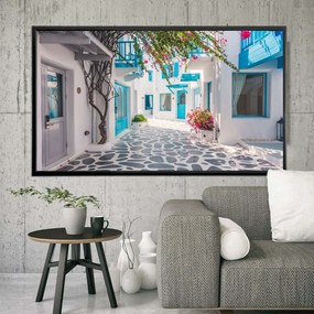 Πίνακας σε Plexiglass με Θέμα &#8220;Σοκάκι στη Σαντορίνη&#8221; σε μαύρη ξύλινη Κορνίζα με ρυθμιζόμενο Φώς - 150cmX100cm