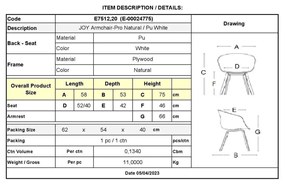 JOY Πολυθρόνα-Pro Τραπεζαρίας, Φυσικό, Pu Άσπρο 58x53x75cm