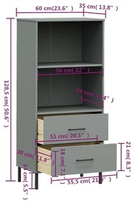 Βιβλιοθήκη OSLO με 2 Συρτάρια Γκρι 60x35x128,5 εκ. Μασίφ Ξύλο - Γκρι