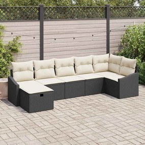 vidaXL Set καναπέ κήπου 7 θέσεων με μαξιλάρια, μαύρο πολυ rattan.