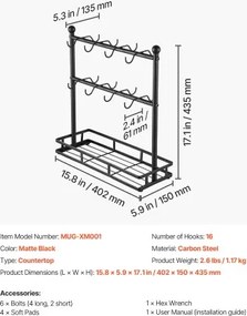 VEVOR Coffee Mug Holder for Countertop 16 Hooks Cup Rack with Storage Base