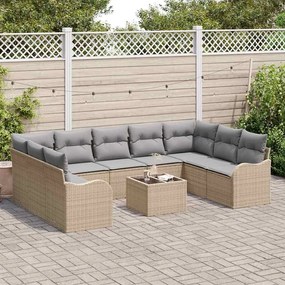 vidaXL Σετ Καναπέ Κήπου με μαξιλάρι 10 pcs Μπεζ Πολυ ράταν