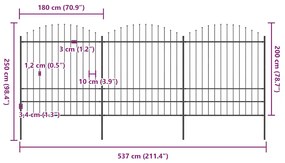vidaXL Φράχτης Κήπου με Κορυφή Δόρυ Μαύρος Ατσάλινος 537 x 200 εκ.