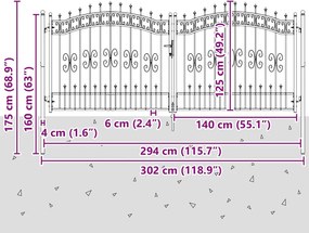 vidaXL Πόρτα Περίφραξης KAMPEN με Κορυφή Δόρυ Μαύρη 302x125 εκ. Ατσάλινη