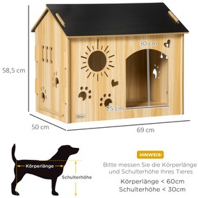 PawHut Σκυλοσπιτο, με αεραγωγούς, ανθεκτικό στις καιρικές συνθήκες, υλικό ξύλου, Μαύρο+Χρώμα ξύλου, 69 x 50 x 58,5 cm