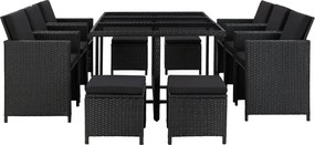 vidaXL Σετ Τραπεζαρίας Εξ. Χώρου 11 τεμ Μαύρο Συνθ. Ρατάν με Μαξιλάρια
