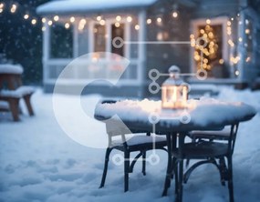 Intra Συλλεκτικό Ξύλινο Παζλ Plywood 4mm - Χιονισμένη αυλή με τραπέζι, καρέκλες και φανάρια Σε Ξύλινο Κουτί - Διαστάσεις Puzzle: 10x10 cm – 25 κομμάτια