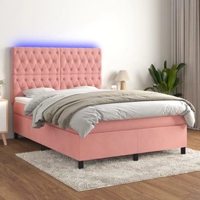 Κρεβάτι Boxspring με Στρώμα &amp; LED Ροζ 140x190 εκ. Βελούδινο - Ροζ