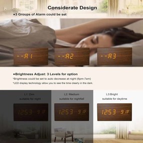 Ξύλινο Τριγωνικό Ψηφιακό Ρολόι με οθόνη LED, Ξυπνητήρι, Θερμόμετρο - Καφέ