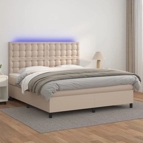 Κρεβάτι Boxspring Στρώμα&amp;LED Καπουτσίνο 160x200 εκ. Συνθ. Δέρμα - Καφέ