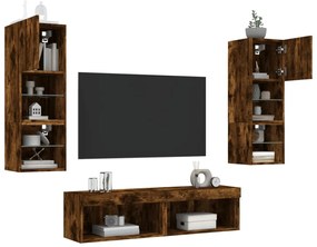 vidaXL Έπιπλα Τοίχου Τηλεόρασης 6 τεμ LED Καπνιστή Δρυς από Επεξ. Ξύλο