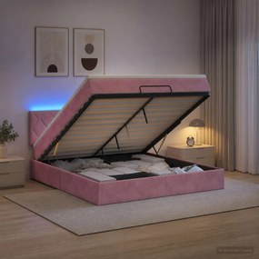 vidaXL Κρεβάτι Ottoman με Στρώμα και LED Ροζ 140 x 200 cm Βελούδο