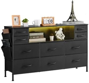 VEVOR 10 Fabric Drawer Dresser with Open Storage Shelf LED Lights &amp; Outlet Black