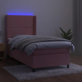 vidaXL Κρεβάτι Boxspring με Στρώμα &amp; LED Ροζ 90x200 εκ. Βελούδινο