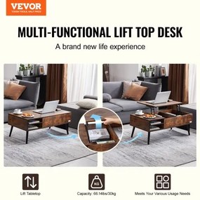VEVOR Lift Top Coffee Table 39.4 in Rectangle Coffee Table for Living Room Brown
