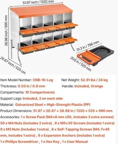 VEVOR Chicken Nesting Boxes, 10 Compartments, with Support Legs, Easy Egg Collection, Galvanized Steel and High-Strength Plastic, Roll Away Nesting Boxes for Chickens and Hens Laying Eggs, Orange