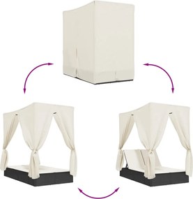 vidaXL Ξαπλώστρα Διπλή Μαύρη από Συνθετικό Ρατάν με Οροφή / Κουρτίνες