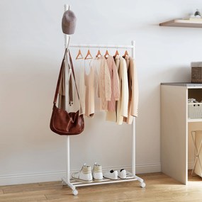 HOMCOM Βάση Ρούχων με Ρόδες, Κινητή Κρεμάστρα Ρούχων με Μπάρα Ρούχων, 5 Γάντζοι, Ράφι Παπουτσιών Λευκό