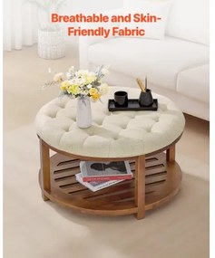 VEVOE Large Round Ottoman Coffee Table, 81 cm Tufted Coffee Table with Solid Wood Shelf Storage, Linen Solid Upholstered Footrest Ottoman for Bedroom Living Room, 350 LBS, Linen Color