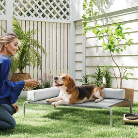 PawHut Υπαίθριο κρεβάτι σκύλου, Υπερυψωμένο κρεβάτι σκύλου για μεσαίους σκύλους, με μαξιλάρι σε σχήμα L 110x75x30cm, Ανοιχτό γκρι