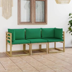 Τριθέσιος καναπές κήπου με πράσινα μαξιλάρια