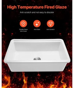 VEVOR 33in Farmhouse Sink Topmount Undermount Kitchen Single Bowl Basin Fireclay