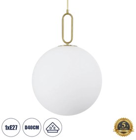 61488 GloboStar® BELLISSIMO 61488 Μοντέρνο Κρεμαστό Φωτιστικό Μπάλα Μονόφωτο 1 x E27 IP20 Λευκό Γυαλί με Χρυσό Μέταλλο - Μ40 x Π40 x Υ62cm