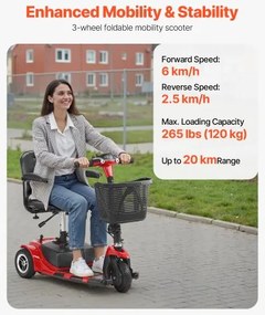 VEVOR 3-Wheel Electric Mobility Scooter for Adult &amp; Seniors, Foldable Mobility Scooter with 20KM Long Range, All Terrain Travel Wheelchair with Anti-slip Wheels, 9° Climbing Capacity &amp; 120kg Loading