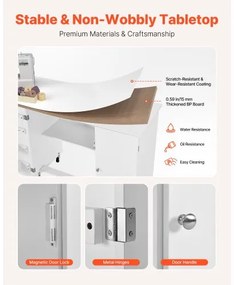 VEVOR Folding Sewing Table, Multipurpose Sewing Machine Table with Cabinet, Compact Design, Wheels, Wooden Pegs, Storage Trays and Shelf, Magnetic Door, Craft Station and Side Desk for Home, White