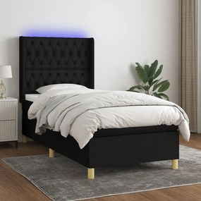 Κρεβάτι Boxspring με Στρώμα &amp; LED Μαύρο 90x190 εκ. Υφασμάτινο - Μαύρο