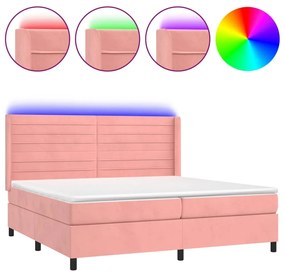 vidaXL Κρεβάτι Boxspring με Στρώμα & LED Ροζ 200x200 εκ. Βελούδινο