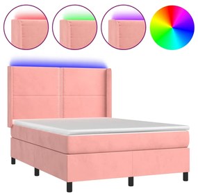 vidaXL Κρεβάτι Boxspring με Στρώμα & LED Ροζ 140x200 εκ. Βελούδινο