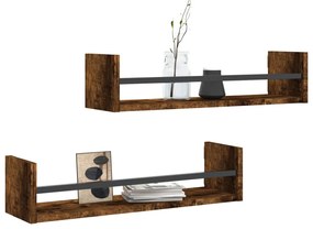 vidaXL Ράφια Τοίχου με Μπάρα 2 τεμ. Καπνιστή Δρυς 60 x 16 x 14 εκ.