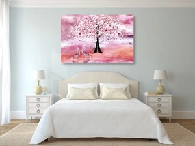 Εικόνα ερωδιών κάτω από ένα μαγικό δέντρο σε ροζ χρώμα - 90x60