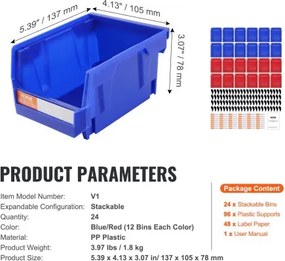 VEVOR Plastic Storage Bin, (5-Inch x 4-Inch x 3-Inch), Hanging Stackable Storage Organizer Bin, Blue/Red, 24-Pack, Heavy Duty Stacking Containers for Closet, Kitchen, Office, or Pantry Organization
