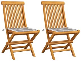 Καρέκλες Κήπου 2 τεμ. Μασίφ Ξύλο Teak με Γκρι Καρό Μαξιλάρια