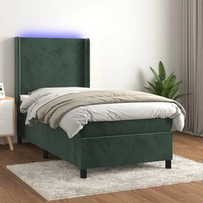 vidaXL Κρεβάτι Boxspring με Στρώμα & LED Σκ. Πράσινο 90x200 εκ Βελούδο