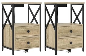 vidaXL Κομοδίνο με Σταθμό Φόρτισης με συρτάρι 2 pcs Sonoma Δρυς