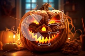 Intra Συλλεκτικό Ξύλινο Παζλ Plywood 4mm - Απόκοσμη σκαλιστή κολοκύθα με κεριά για το Halloween Σε Ξύλινο Κουτί - Διαστάσεις: 10x10 cm – 25 κομμάτια