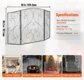 VEVOR Fireplace Screen 3 Panel, Sturdy Iron Mesh Fireplace Screen, 122(L)x76.7(H)CM Spark Guard Cover, No Assembly Required, Free Standing Fireplace Fence Grate for Living Room Home Decor Vintage