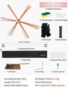 VEVOR Chimney Sweep Kit, 12m Maximum Extendable Length Chimney Sweep, Chimneys Cleaning Kit with Bristle Replacements &amp; Goggles, 90° Bendable Fireplace Cleaning Tool, for Square, Rectangle Chimneys