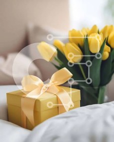 Intra Συλλεκτικό Ξύλινο Παζλ Plywood  4mm - Κίτρινο κουτί δώρου με τουλίπες και λευκά λουλούδια Σε Ξύλινο Κουτί - Διαστάσεις: 10x10 cm – 25 κομμάτια