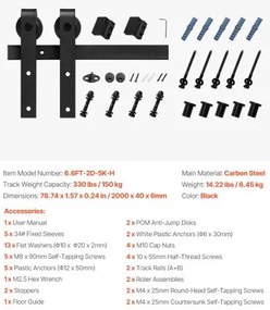 VEVOR 6.6FT Sliding Barn Door Hardware Kit for Single Sliding Barn Door Black