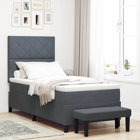 vidaXL Box Spring Κρεβάτι με Στρώμα & Πάγκο Σκούρο Γκρι 90x200 εκ Βελούδο