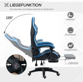 Vinsetto Bürostuhl, Gamingstuhl, 1 Kopfstütze, 1 Lendenstütze, Blau + Schwarz