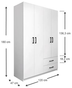 Ντουλάπα ρούχων Dacota Megapap μελαμίνης τετράφυλλη χρώμα λευκό 120x47x180εκ.