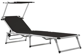 vidaXL Ξαπλώστρες Πτυσ. 2 τεμ. Μαύρες Αλουμίνιο/Textilene + Σκίαστρο