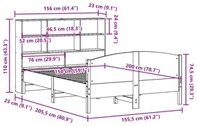 Κρεβάτι Βιβλιοθήκη Χωρίς Στρώμα 150x200 εκ Μασίφ Ξύλο Πεύκου - Καφέ