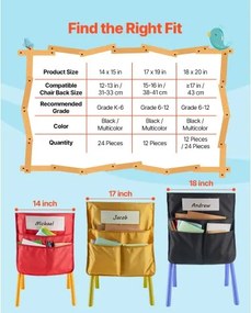VEVOR Chair Pockets for Classroom 24 Pack Seat Pocket with Name Tag Black