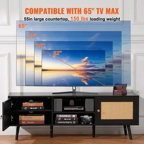 VEVOR Rattan TV Stand for 65&quot; TV Boho TV Stand with Build-in Socket Black
